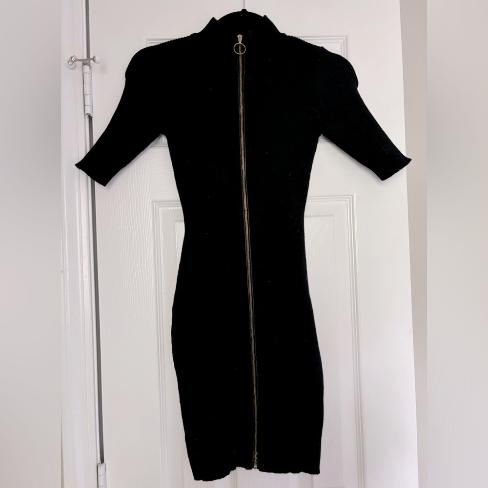 Black Fitted Zip Up Sleeve Dress S